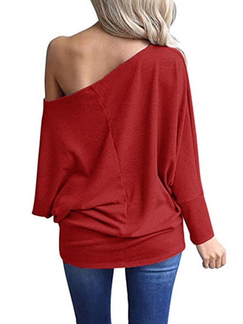 Poetsky Women's Casual Off The Shoulder Tops Loose Batwing Sleeve Tunics Blouse, Dark Red, L - Image 4